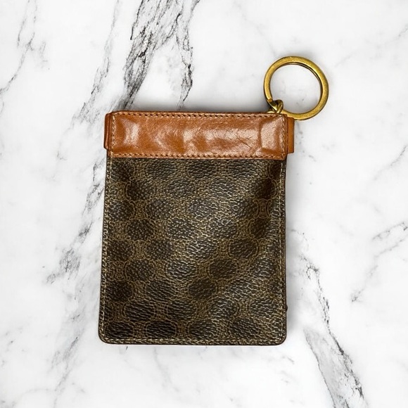 Celine Macadam Vintage Brown Coated Canvas Key Coin Pouch with Leather Trim - Picture 3 of 4